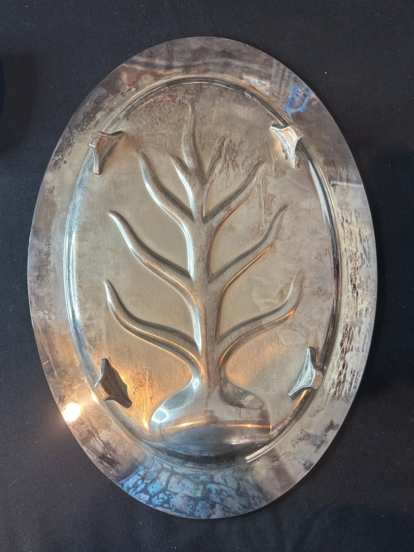 Fenwick Tree of Life Silverplate Footed Meat Plate with Reservoir Well 18" x 13"