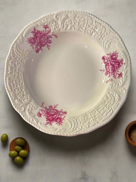 Richard Ginori Laveno Soup Bowl 8" Wide Pink Floral Embossed Rim