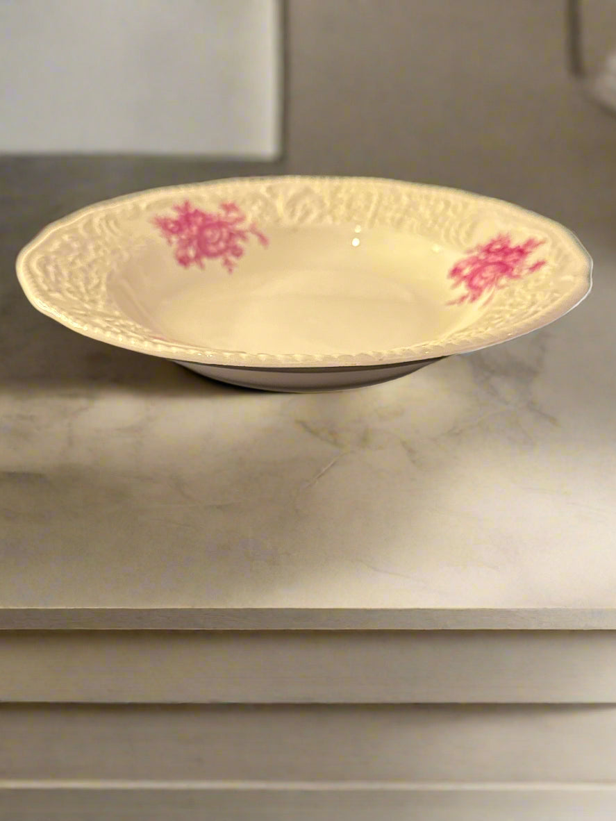 Richard Ginori Laveno Soup Bowl 8" Wide Pink Floral Embossed Rim