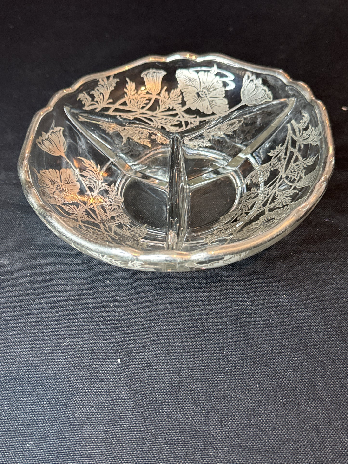 Vintage Silver City Glass Co. Sterling on Crystal Divided Bowl Dish 6" Flanders Field