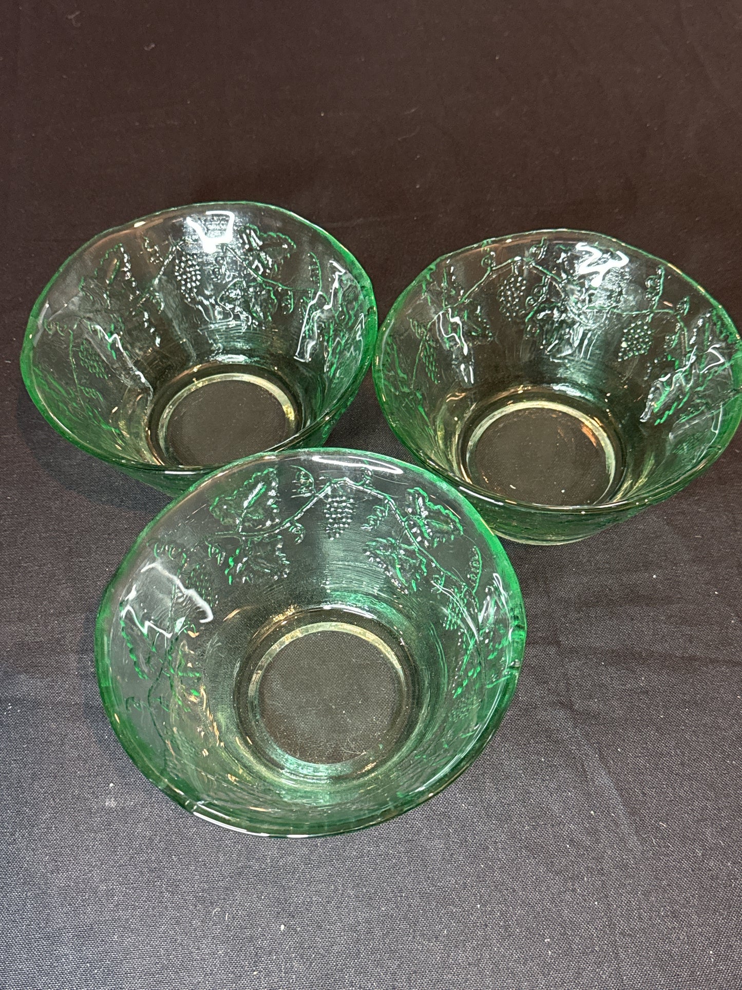 Set of 3 Embossed Grapes Leaves Spanish Recycled Glass Bowl with Green Tint