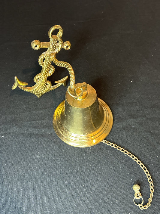 Solid Brass Ships Bell w/ Anchor and Chain Ringer 4 1/8" Tall