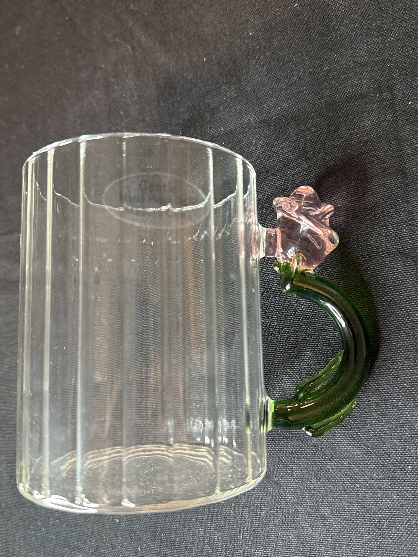 Glass Coffee Mug 16oz Pink Rose and Green Stem Handle 4" Tall