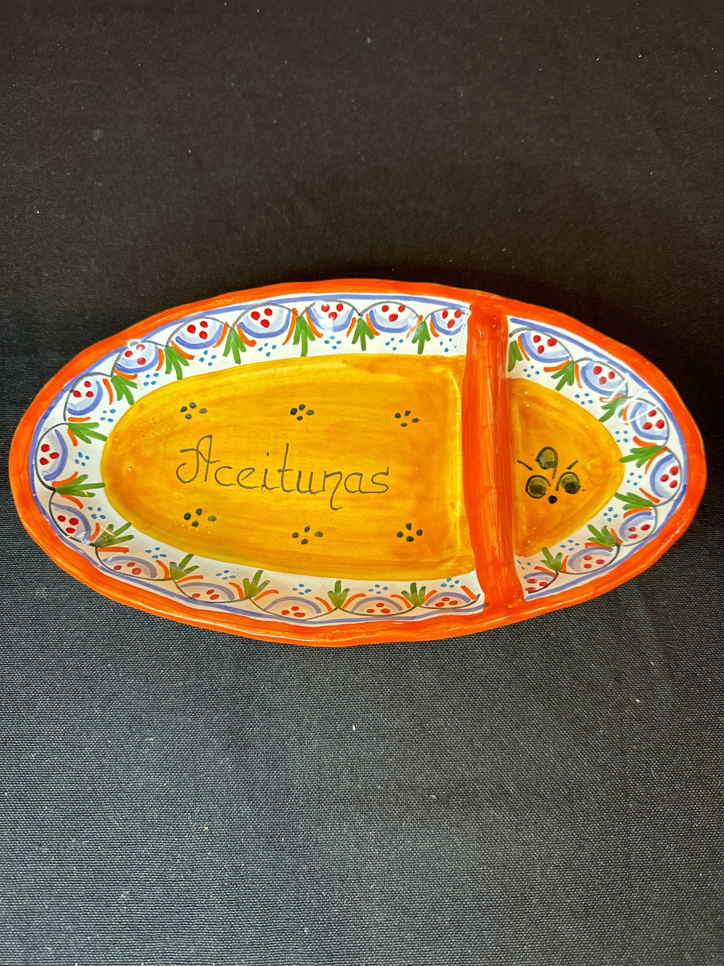 Ceramical Olive Tray 8.75" X 4.75" Orange and Green Colors Made in Spain