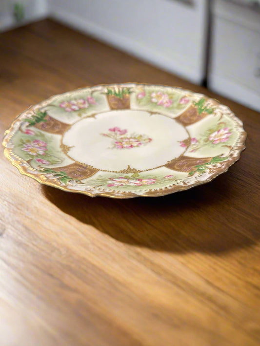 Limoges Coronet France Plate Floral Green Gold and Pink 8.75" Wide