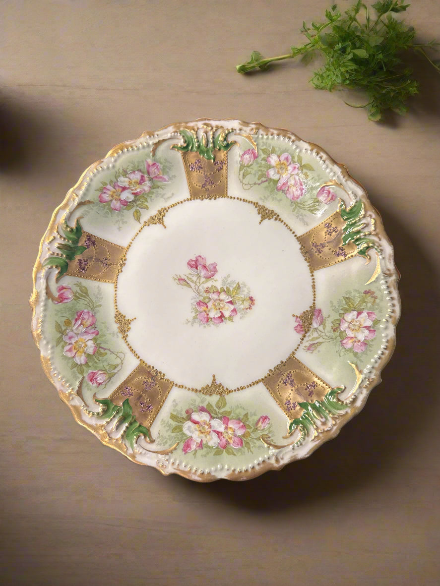Limoges Coronet France Plate Floral Green Gold and Pink 8.75" Wide