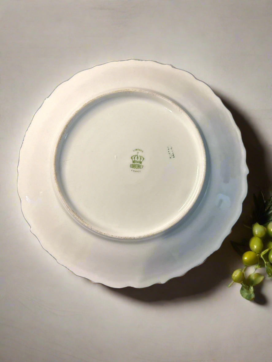 Limoges Coronet France Plate Floral Green Gold and Pink 8.75" Wide