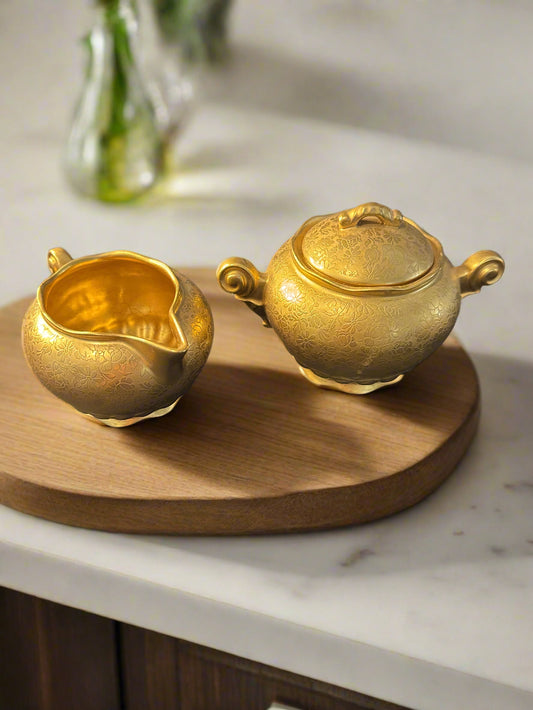 Vintage Gold Color Encrusted Floral Decorated Sugar Bowl and Creamer Set