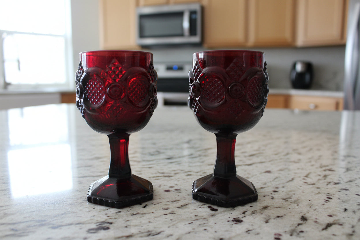 Pair of Vintage 1876 Avon Cape Cod Ruby Red Wine Goblet 4.5" Tall 2" Across