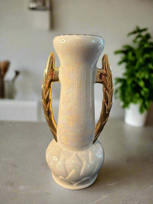 Hollywood Regency Lusterware Ceramic Vase Vintage 9 3/8" Tall