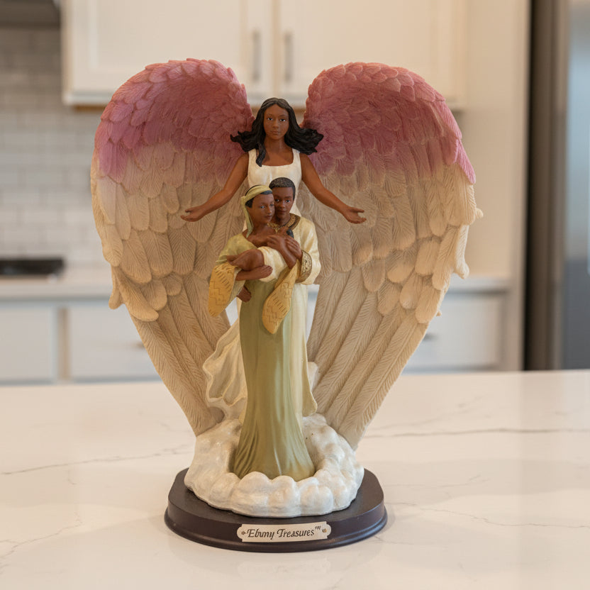 Ebony Treasures Guardian Angel Figurine Resin Pink & Cream 13" Tall x 11.5" Wide