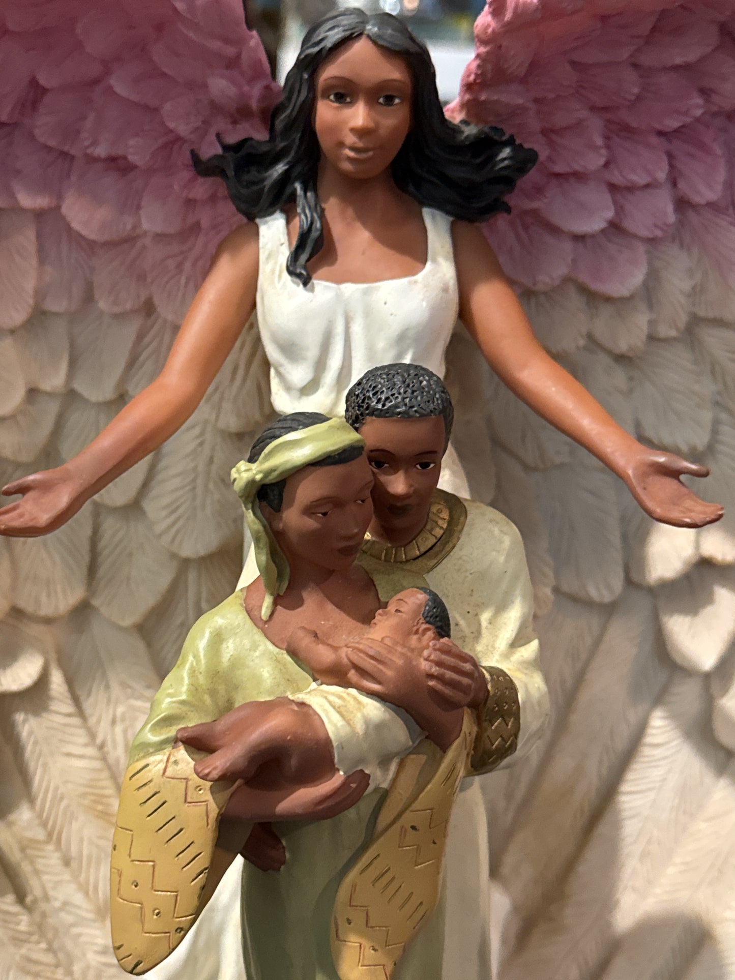 Ebony Treasures Guardian Angel Figurine Resin Pink & Cream 13" Tall x 11.5" Wide