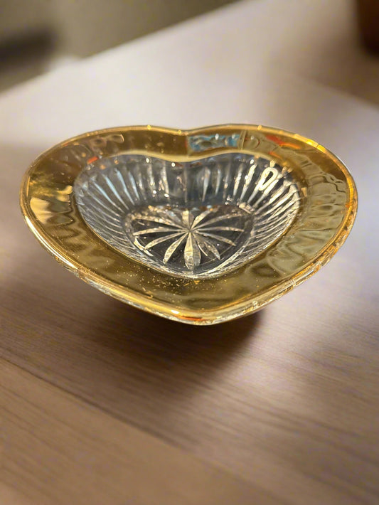 Mikasa Crystal Glass Heart Shaped Candy Dish Gold Top Rim 7.5" Wide