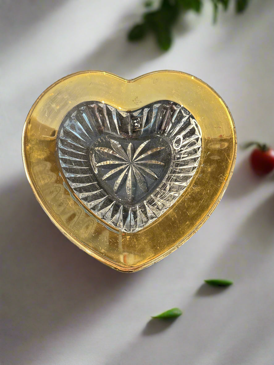 Mikasa Crystal Glass Heart Shaped Candy Dish Gold Top Rim 7.5" Wide