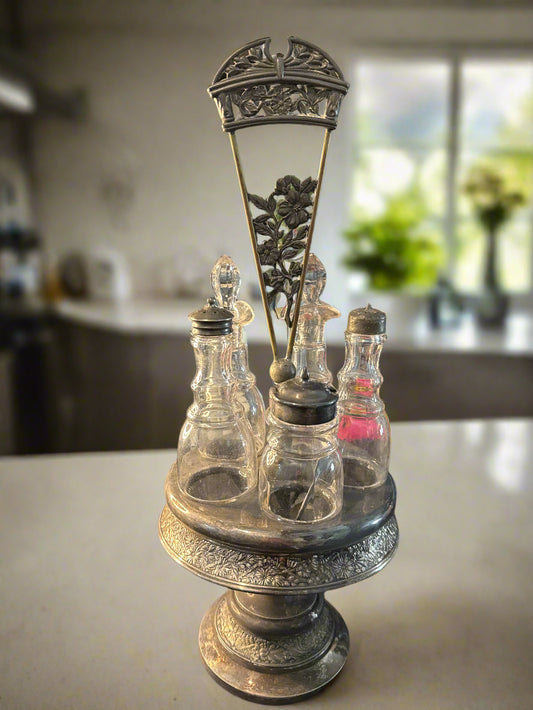 Silver Etched Cut Glass Caster Cruet Beautiful Set Glows Under Black Light 18" Tall