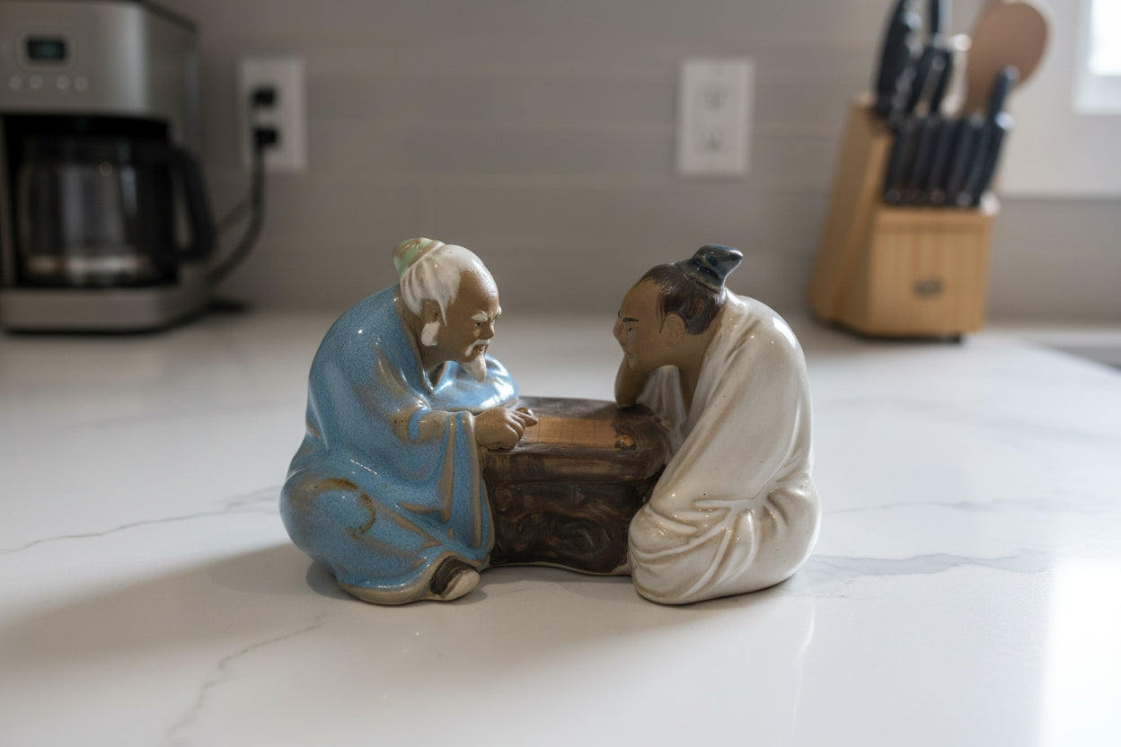 Vintage Chinese Mudman Asian Men Playing Mahjong Glazed Clay Pottery Figurine 5.5" x 3.5"