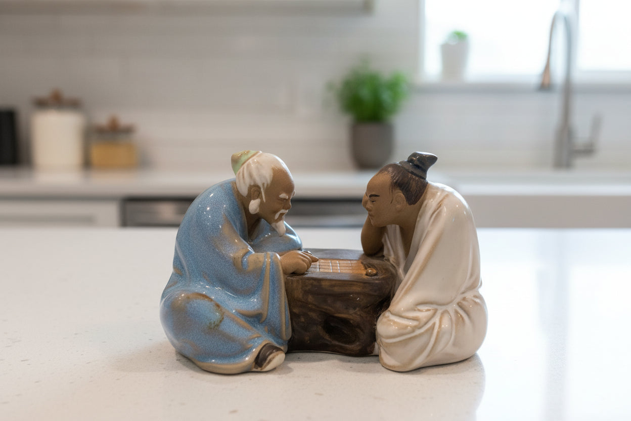 Vintage Chinese Mudman Asian Men Playing Mahjong Glazed Clay Pottery Figurine 5.5" x 3.5"