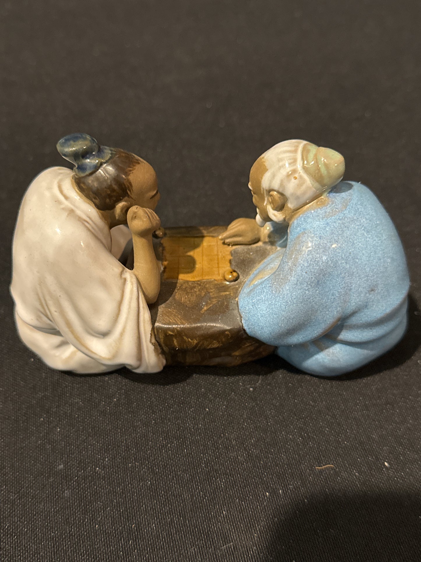 Vintage Chinese Mudman Asian Men Playing Mahjong Glazed Clay Pottery Figurine 5.5" x 3.5"