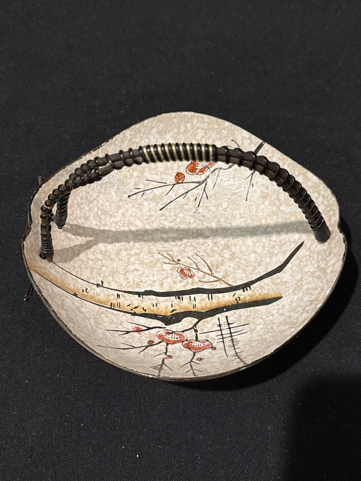 Napco Ceramic Candy Dish Wire Bamboo Handle Cherry Blossom 6" Vintage Japan 4UD343/WH