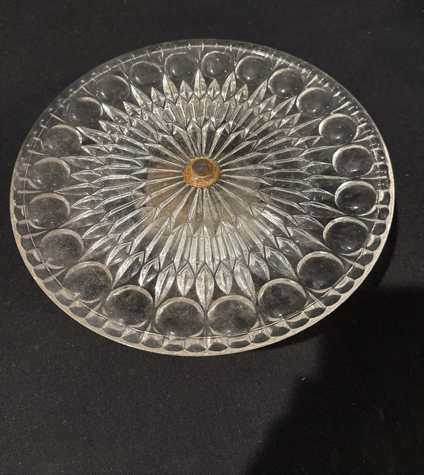 Footed Pedestal Cake Stand 11" Clear Glass Round Thumbprint Bubbles Starburst Pattern MCM
