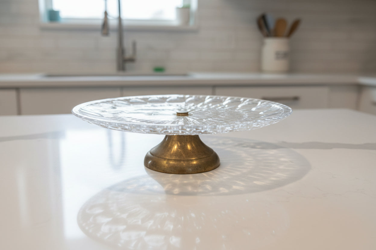 Footed Pedestal Cake Stand 11" Clear Glass Round Thumbprint Bubbles Starburst Pattern MCM