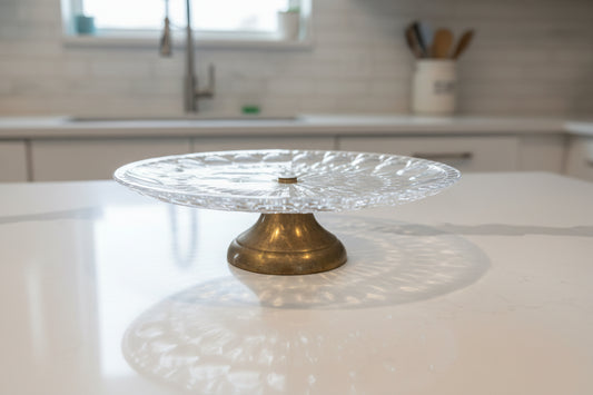 Footed Pedestal Cake Stand 11" Clear Glass Round Thumbprint Bubbles Starburst Pattern MCM