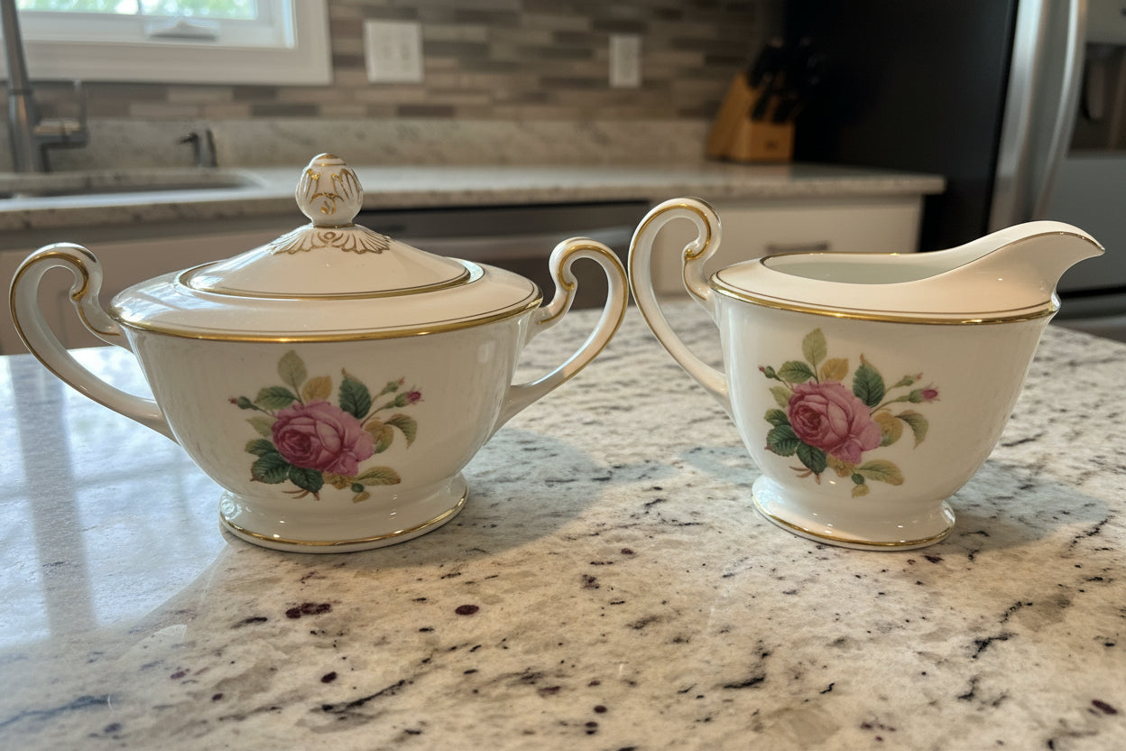 Noritake Sharon (Gold Trim) Sugar Bowl & Lid & Creamer Dinnerware 4-4.5" Tall