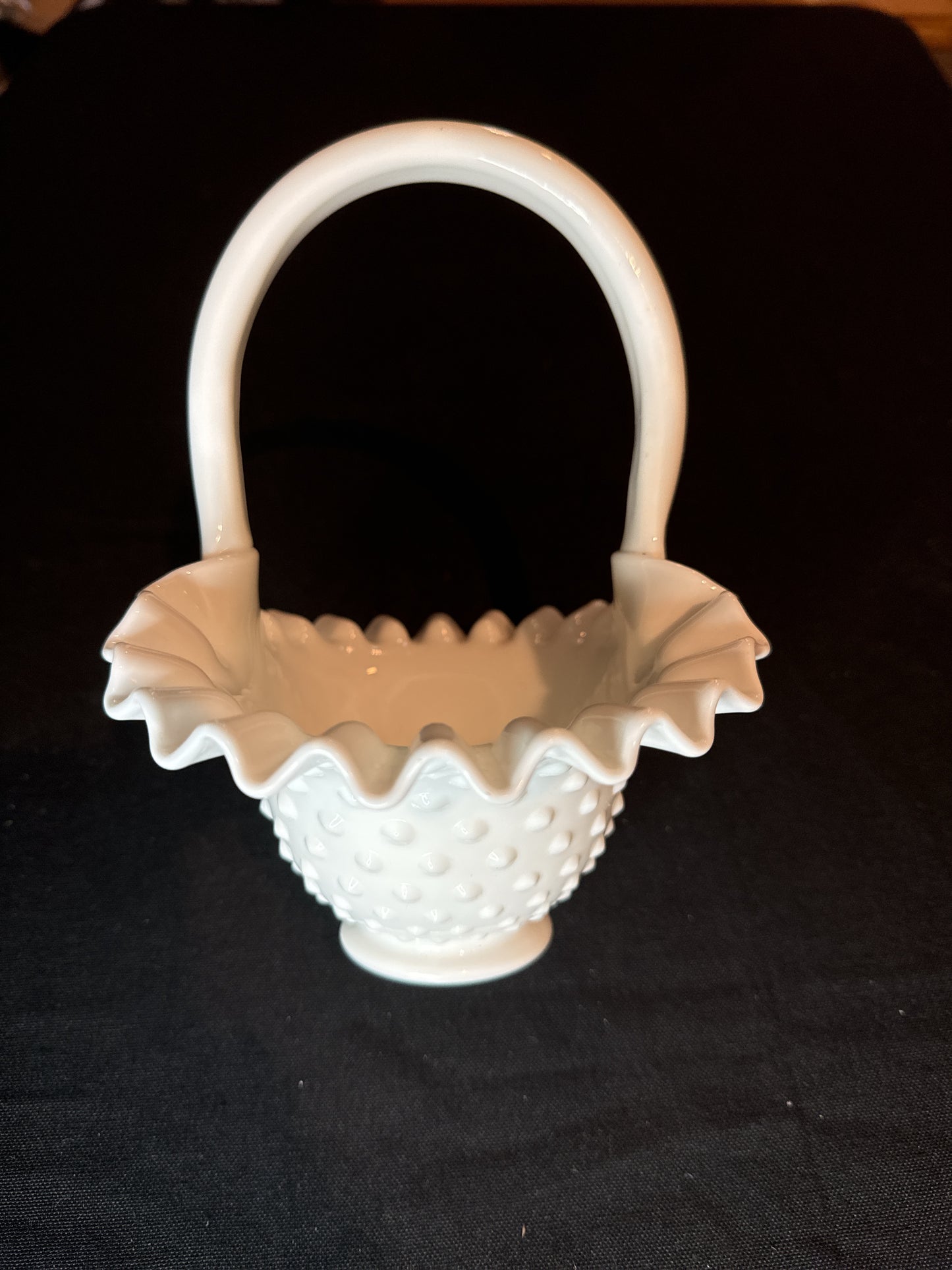 Vintage Fenton Milk Glass Hobnail Basket Candy Dish Ruffled Edge Bowl 8" Tall