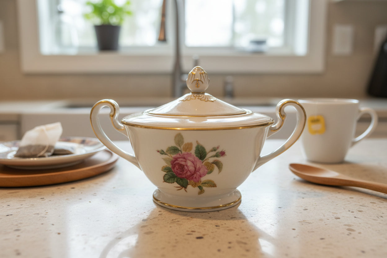 Noritake Sharon (Gold Trim) Sugar Bowl & Lid & Creamer Dinnerware 4-4.5" Tall