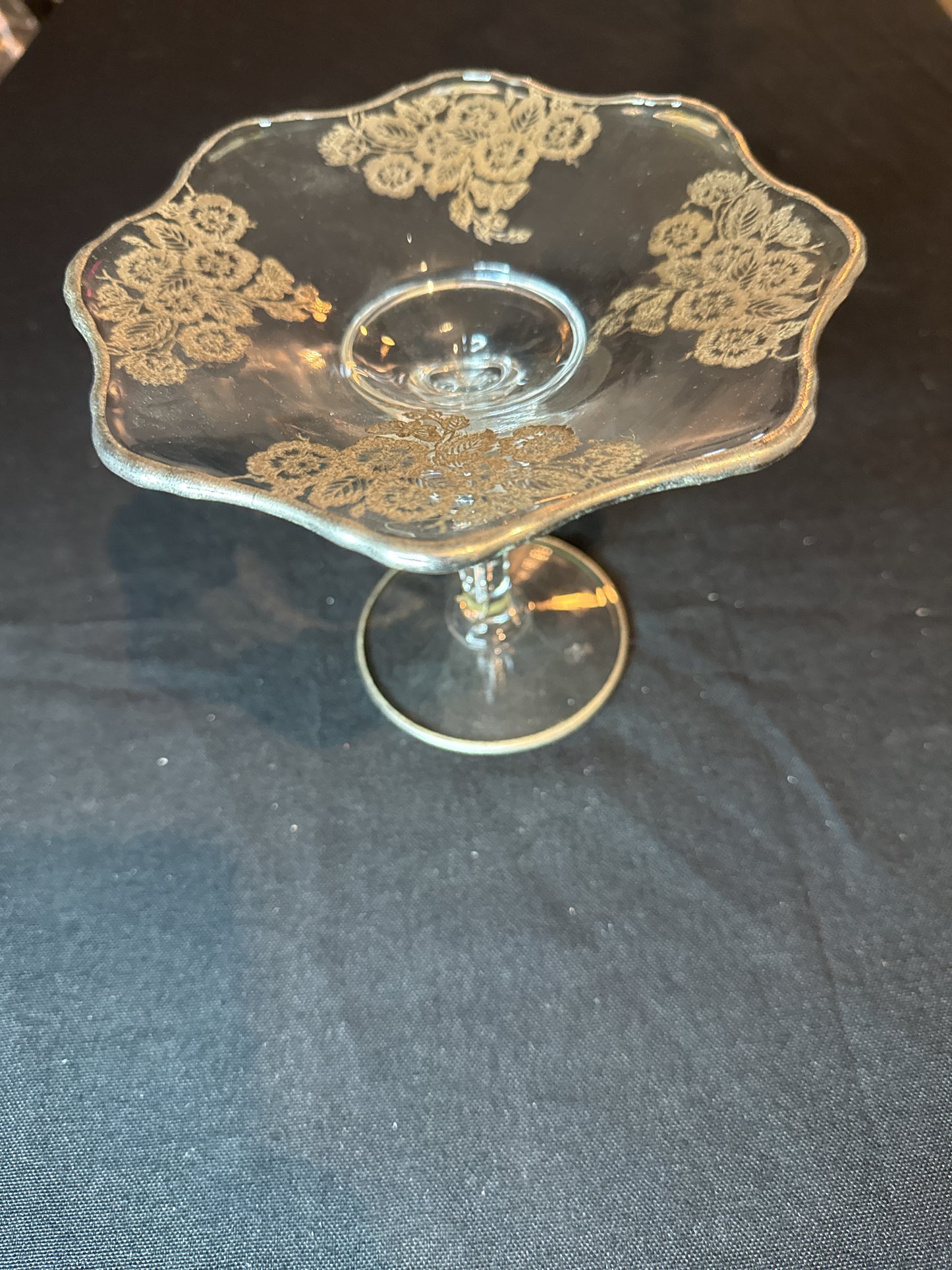 Vintage Clear Glass Pedestal Candy Dish With Gold Embossed Flowers & Gold Trim