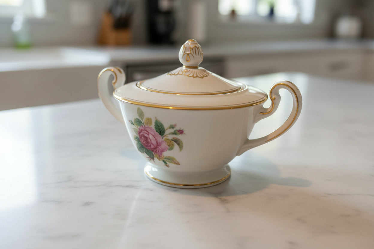 Noritake Sharon (Gold Trim) Sugar Bowl & Lid & Creamer Dinnerware 4-4.5" Tall