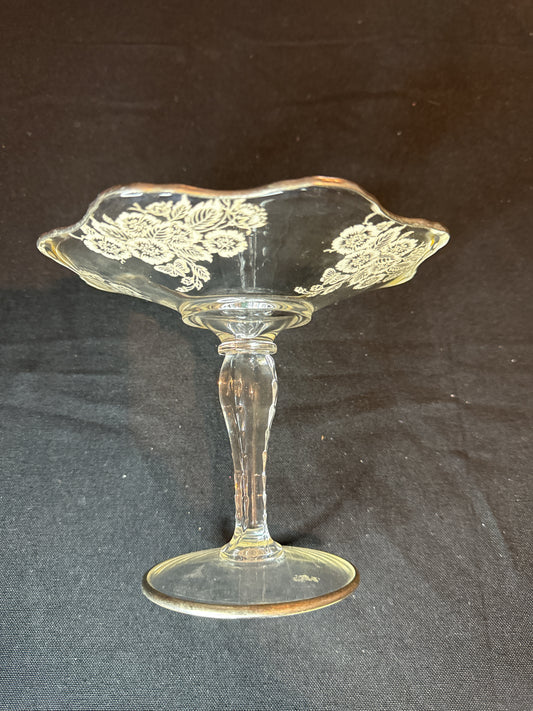 Vintage Clear Glass Pedestal Candy Dish With Gold Embossed Flowers & Gold Trim