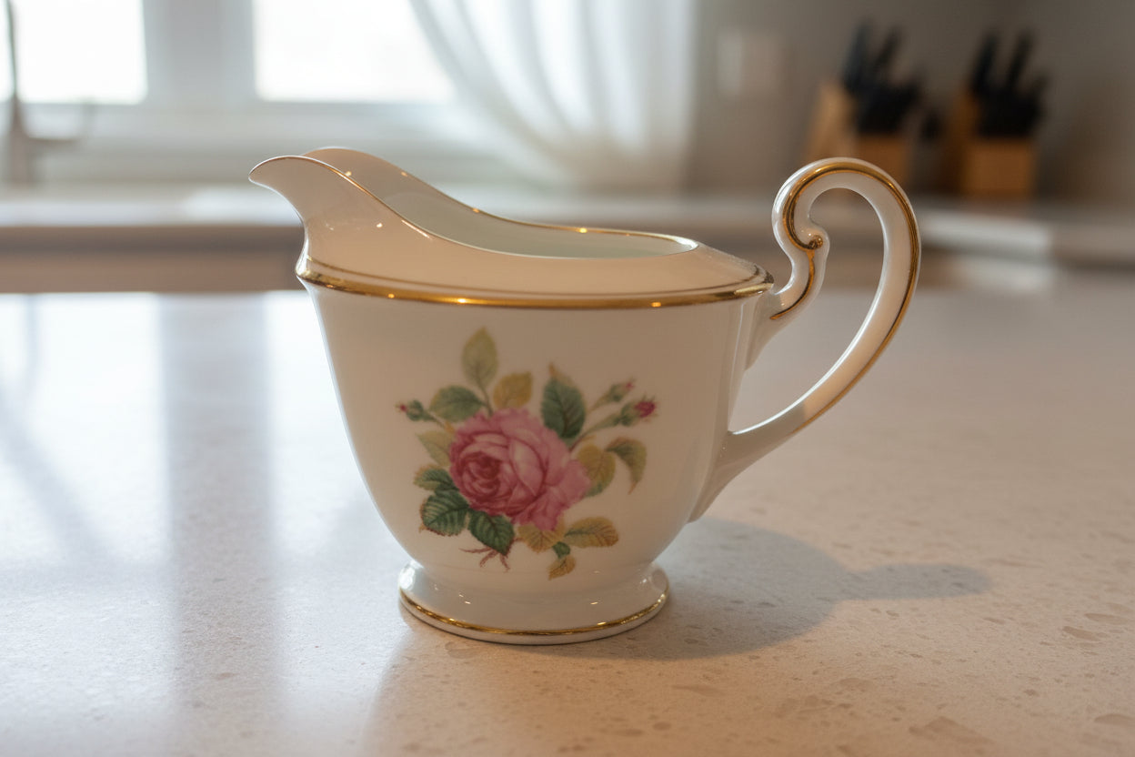 Noritake Sharon (Gold Trim) Sugar Bowl & Lid & Creamer Dinnerware 4-4.5" Tall