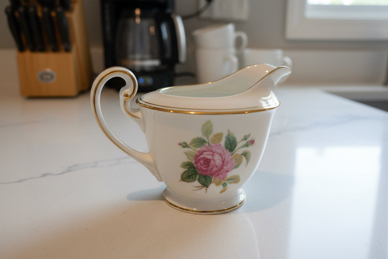 Noritake Sharon (Gold Trim) Sugar Bowl & Lid & Creamer Dinnerware 4-4.5" Tall