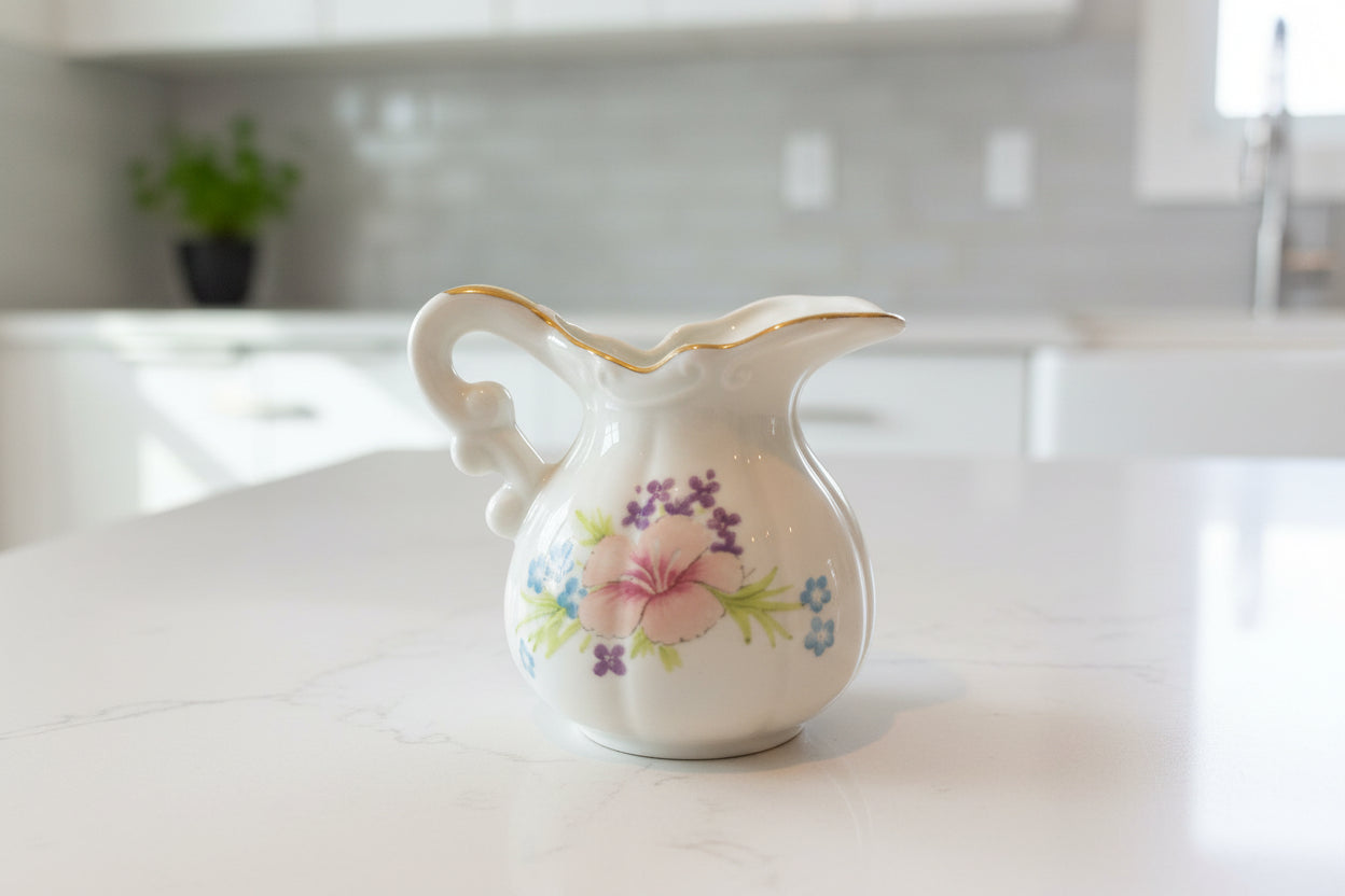 Small Ceramic Creamer Floral Pattern "50 Golden Years" Gold Trim 3.5" Tall