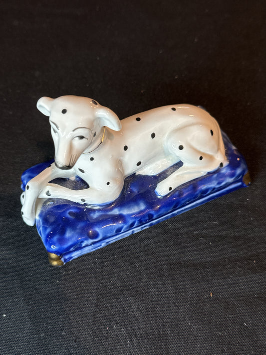 English Porcelain Staffordshire Dalmatian Dog, 20th Century Blue Base Gold Corners 5" Long