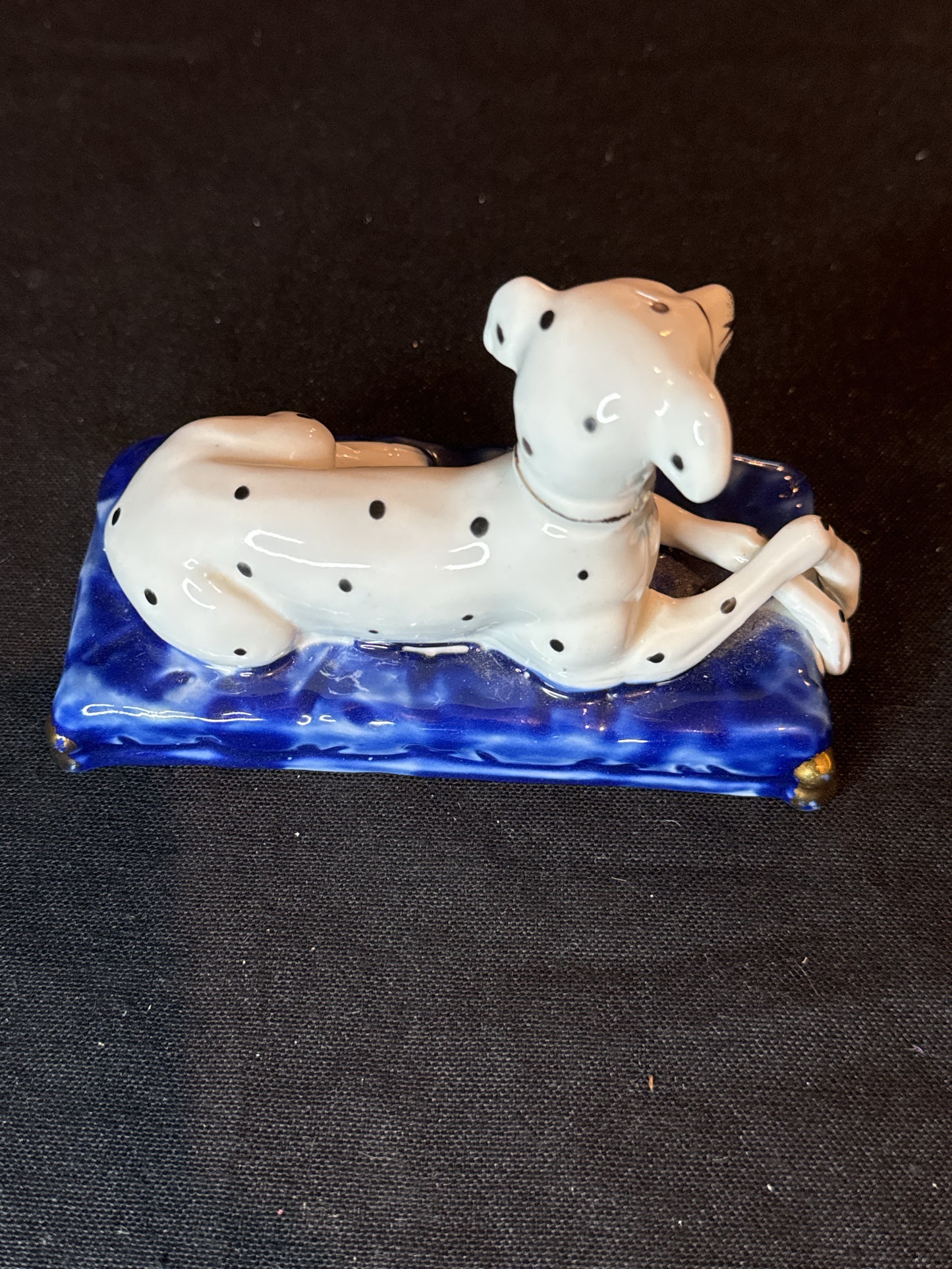 English Porcelain Staffordshire Dalmatian Dog, 20th Century Blue Base Gold Corners 5" Long