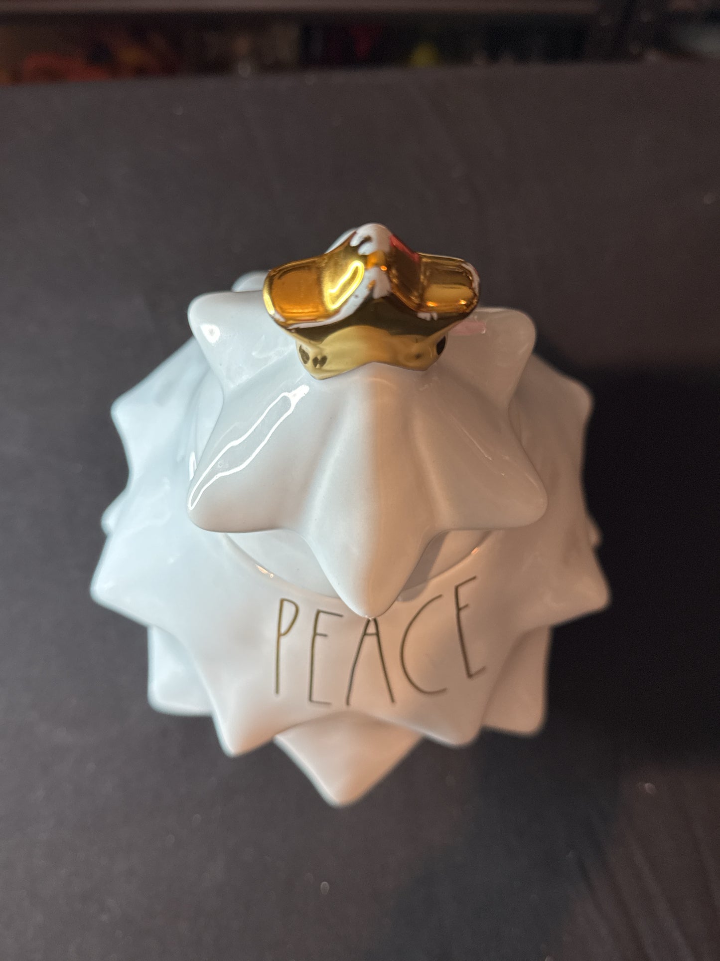 Rae Dunn PEACE Christmas Tree Light Blue Ceramic Canister/ Cookie Jar 12" Tall