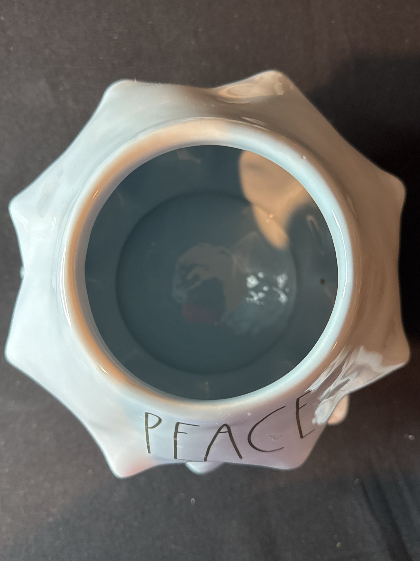 Rae Dunn PEACE Christmas Tree Light Blue Ceramic Canister/ Cookie Jar 12" Tall