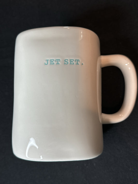 Rae Dunn Artisan Collection Coffee Mug "Jet Set" Blue Interior Typewriter Font 16oz New Inventory