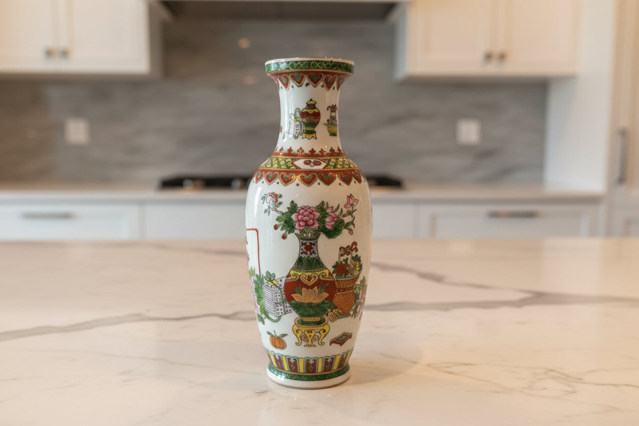Vintage Chinese Famille Rose Vase Precious Objects Butterflies Scrolls 10" Vase