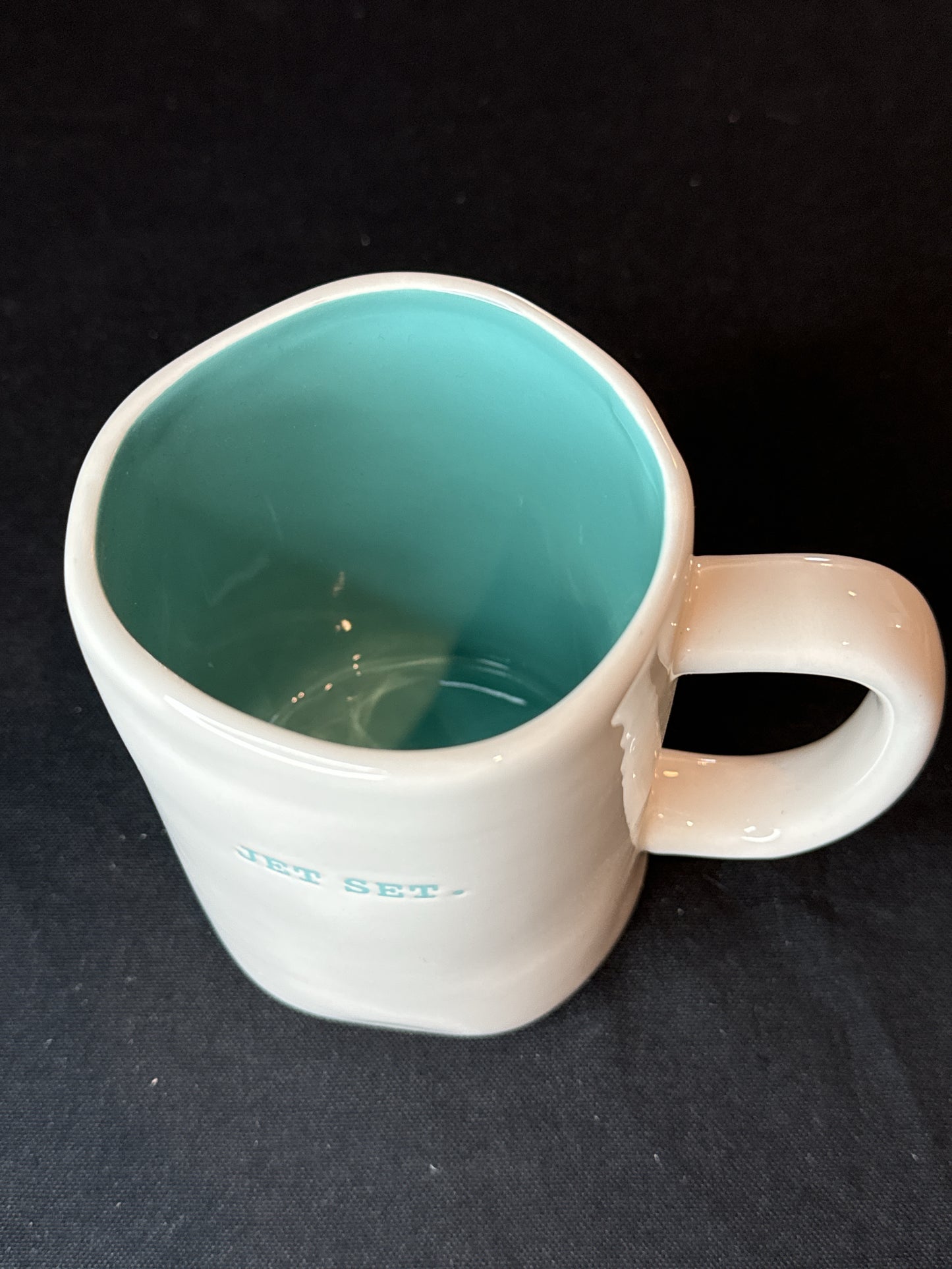 Rae Dunn Artisan Collection Coffee Mug "Jet Set" Blue Interior Typewriter Font 16oz New Inventory