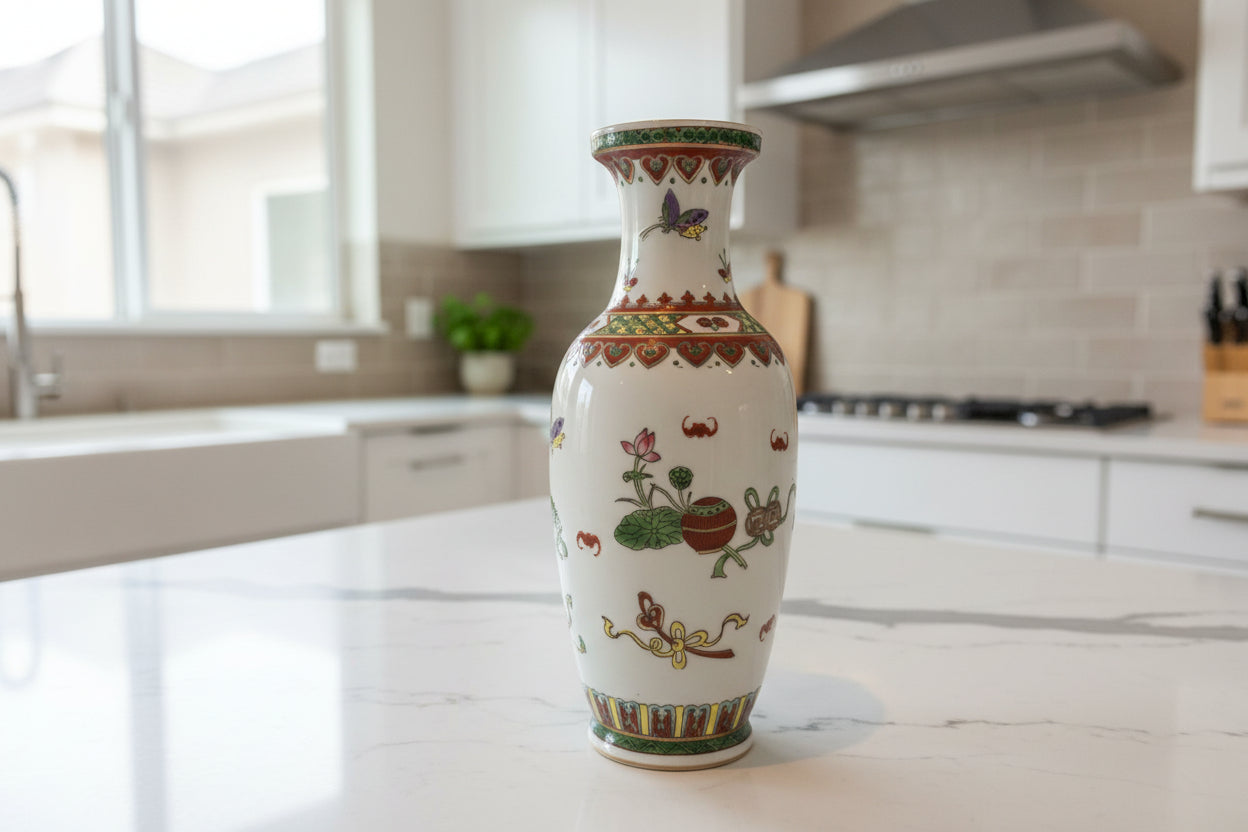 Vintage Chinese Famille Rose Vase Precious Objects Butterflies Scrolls 10" Vase