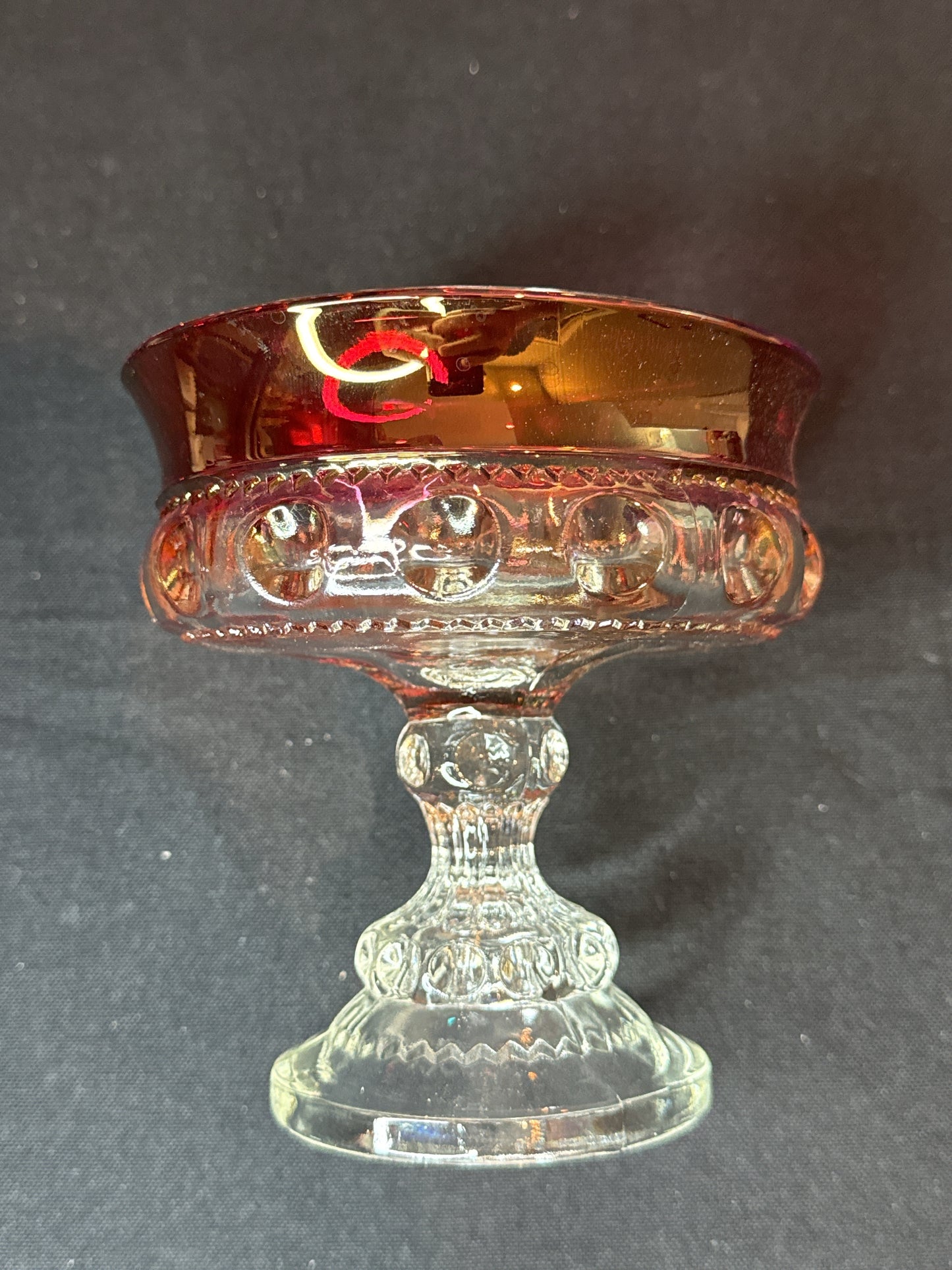 Indiana Kings Crown Compote Glass Thumbprint 5.25" Tall 5" Wide