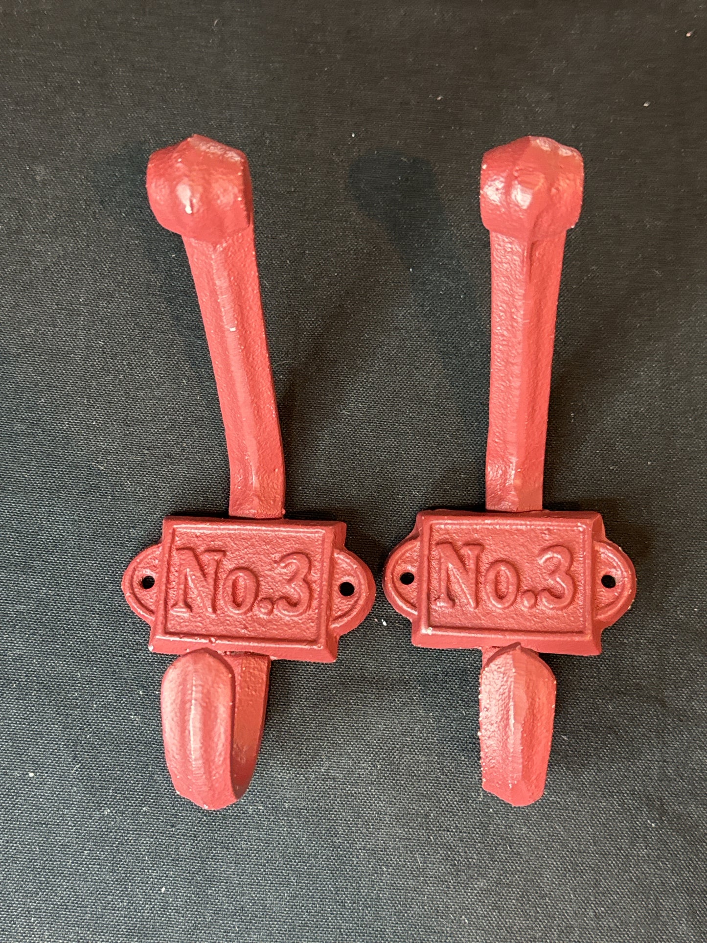 Pair of Cast Iron No. 3 Red Coat Clothes Hook Industrial 6" Tall