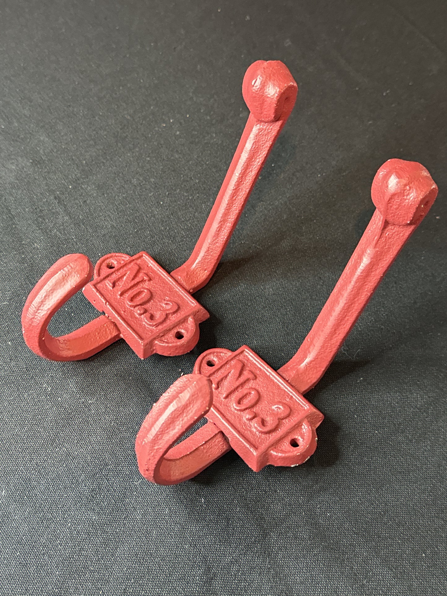 Pair of Cast Iron No. 3 Red Coat Clothes Hook Industrial 6" Tall