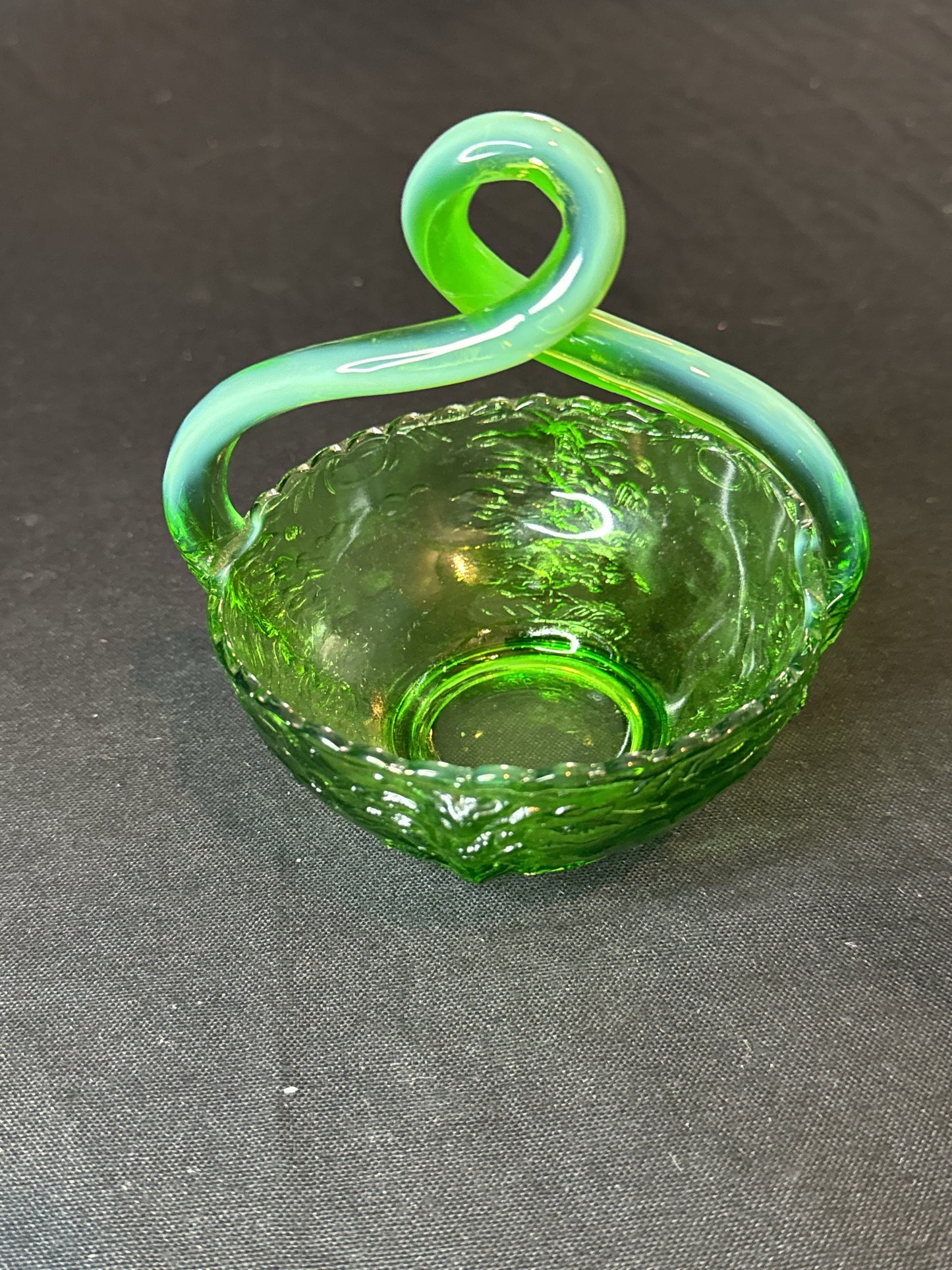 Green Opalescent 5" Glass Bowl Candy Dish with Twisted Hand Blown Handle March 1902