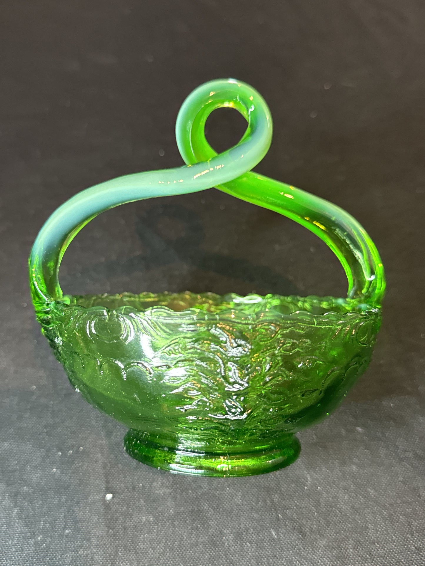 Green Opalescent 5" Glass Bowl Candy Dish with Twisted Hand Blown Handle March 1902