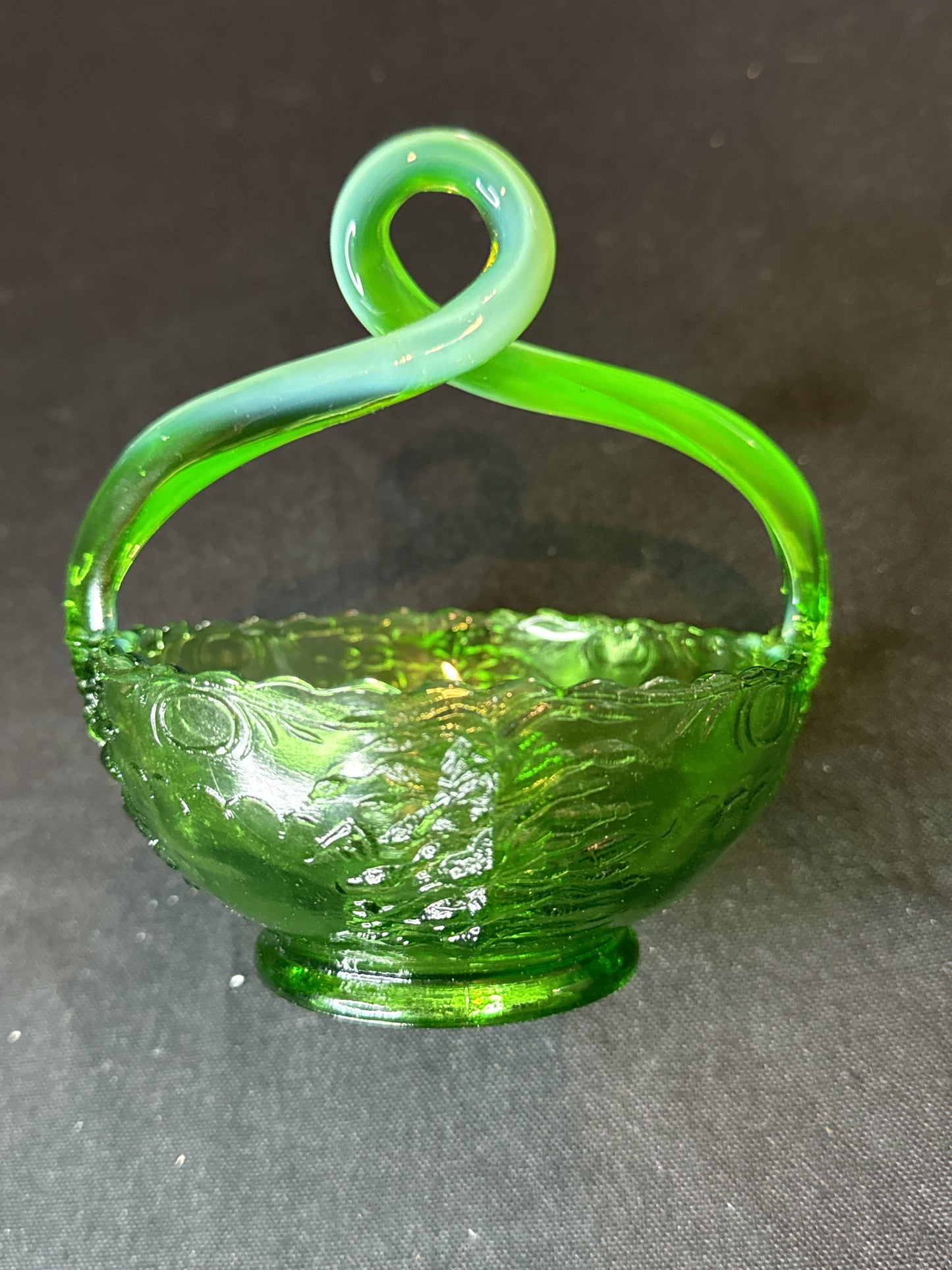 Green Opalescent 5" Glass Bowl Candy Dish with Twisted Hand Blown Handle March 1902