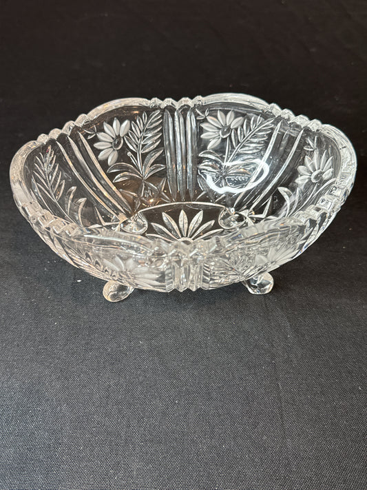 Margaret Clear Glass Footed Bowl by Crystal Clear Industries w/ Frosted Flowers 7 3/8" Long